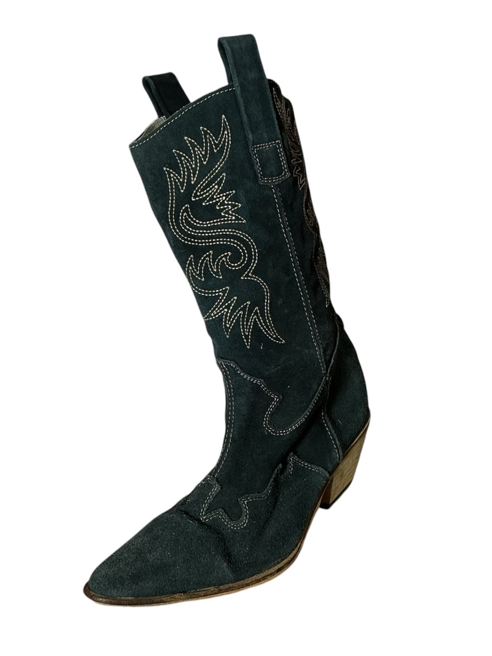 Vintage Black Suede Leather Point Toe Cowboy Boot Size 10